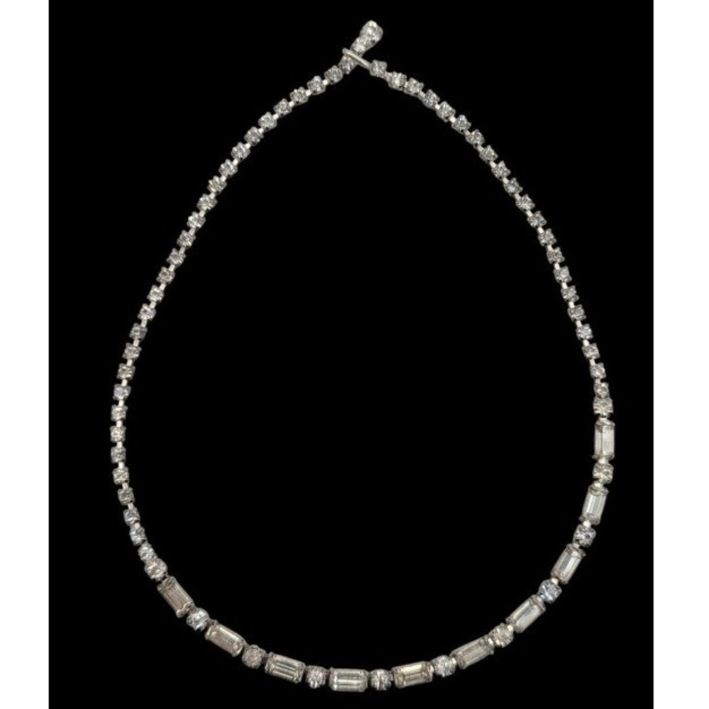 Vintage Kramer of New York Rhinestone Necklace Baguette Round Silver Tone 15in
